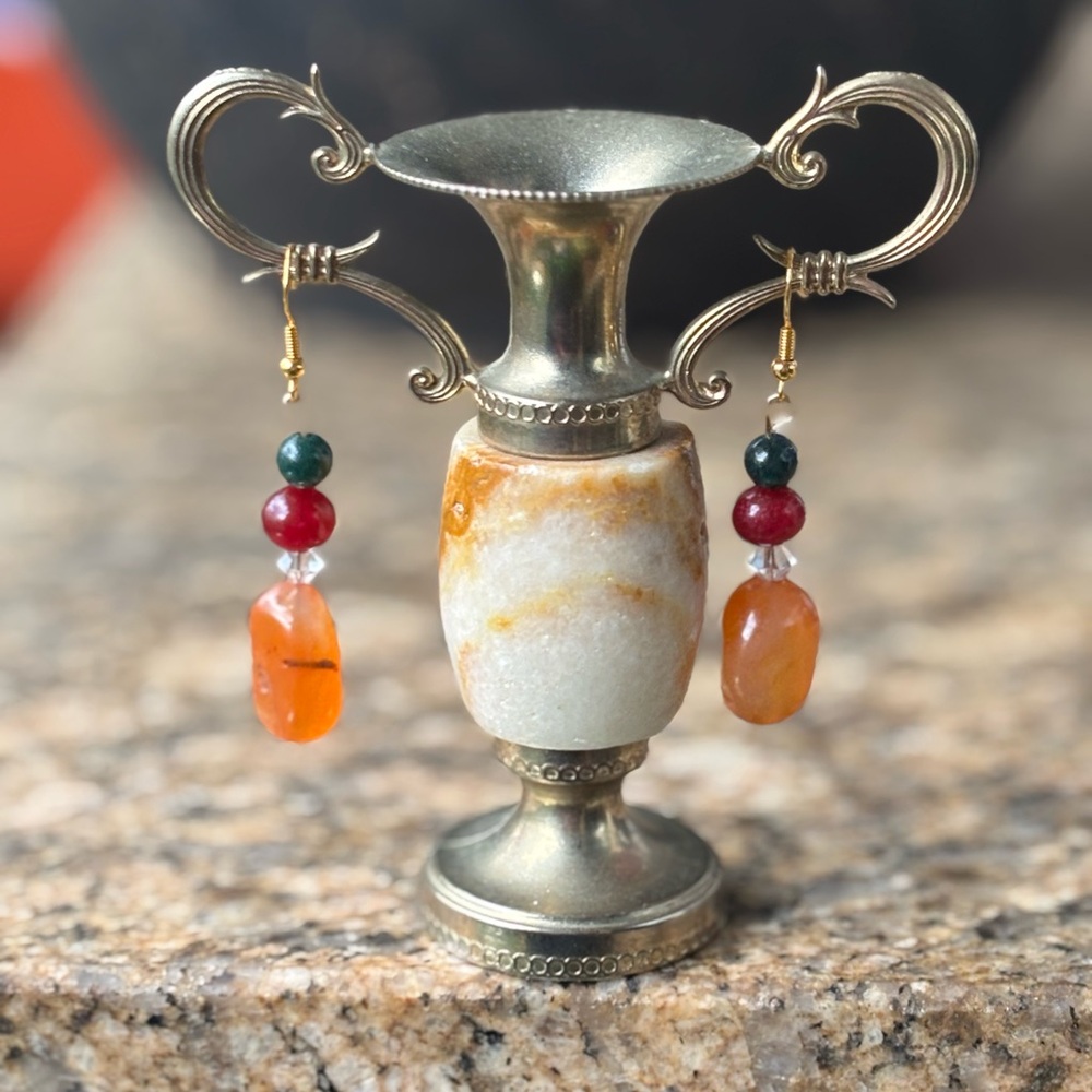ARTISAN Hand Crafted Genuine Carnelian Ruby Moss Agate & Crystal Dangle Earrings